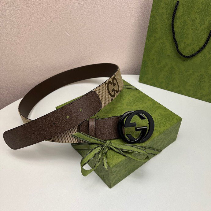 INTERLOCKING G BLACK GREY BUCKLE 40MM BEIGE CANVAS