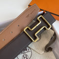 H TONIGHT BELT 38MM GOLD BUCKLE CHESTNUTE GRAPHITE LEATHER