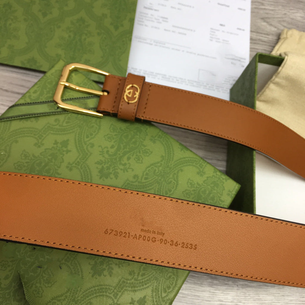 G BELT GOLD SQUARE INSTALL BUCKLE BROWN LEATHER 3.5CM