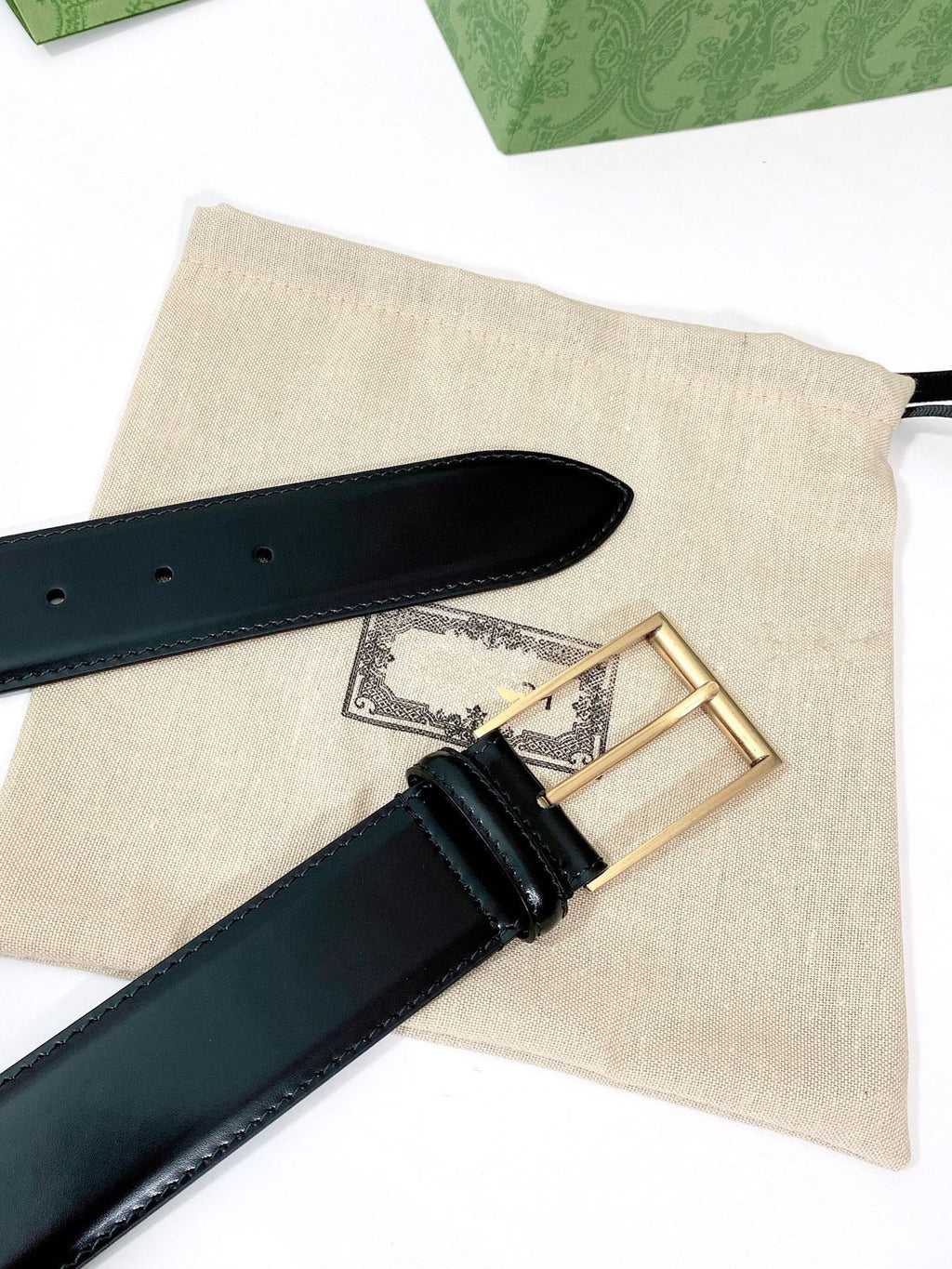 G BELT GOLD SQUARE INSTALL BUCKLE BLACK LEATHER 4.0CM