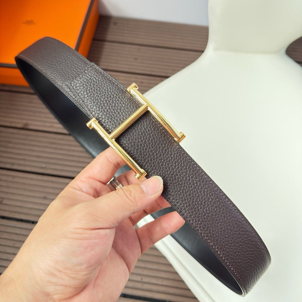 H JUMPING BELT 38MM GOLD BUCKLE & REVERSIBLE CHOCOLATE BLACK LEATHER