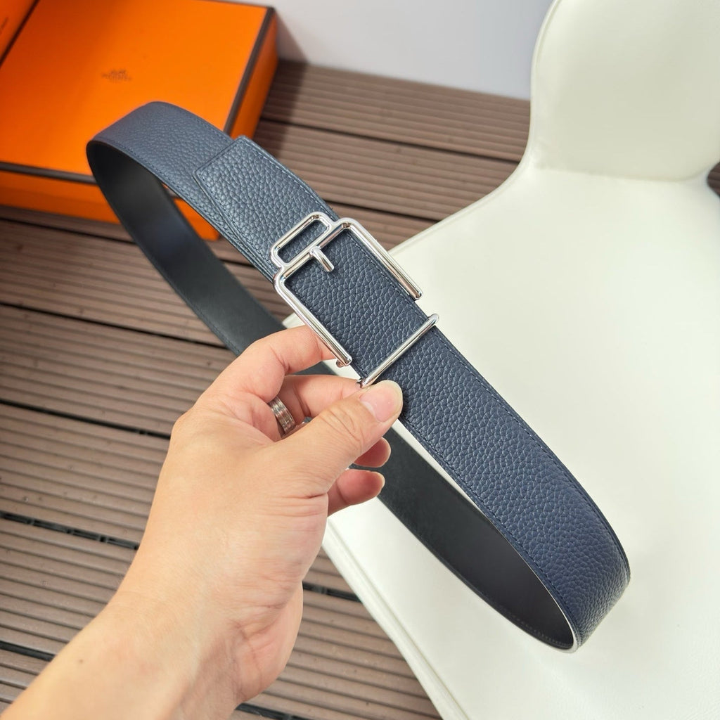 H VOLTE-FACE BELT 38MM SILVER BUCKLE & REVERSIBLE NAVY BLUE AND BLACK LEATHER