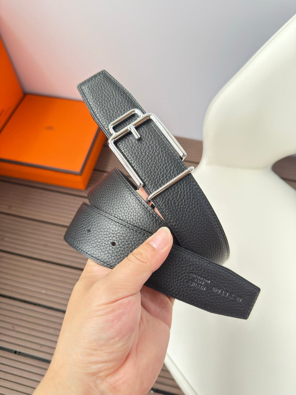 H VOLTE-FACE BELT 38MM SILVER BUCKLE & REVERSIBLE BLACK LEATHER