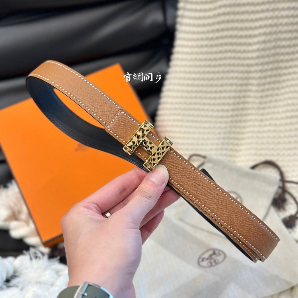 H GARDEN PARTY BELT 24MM GOLD BUCKLE & REVERSIBLE BROWN AND BLACK LEATHER