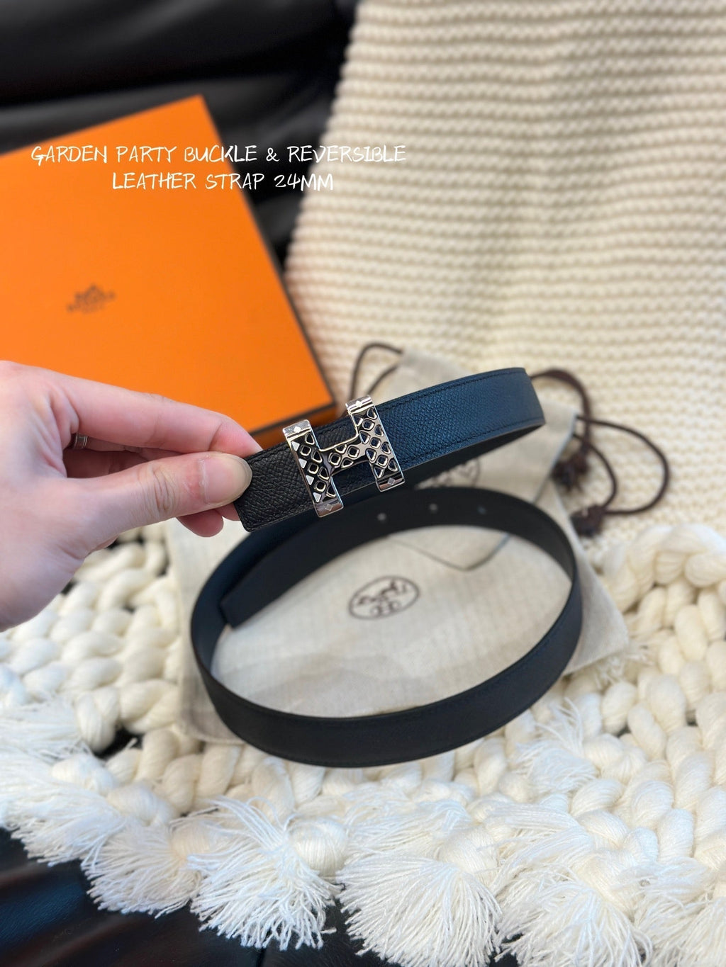 H GARDEN PARTY BELT 24MM SILVER BUCKLE & REVERSIBLE BLACK LEATHER