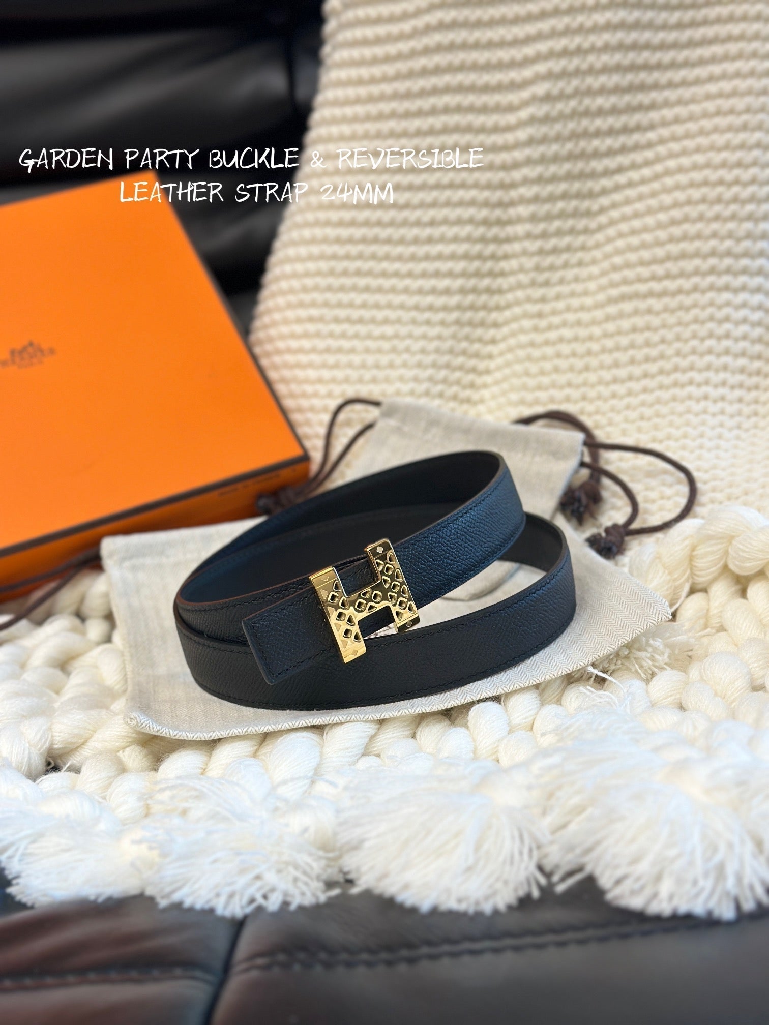 H GARDEN PARTY BELT 24MM GOLD BUCKLE & REVERSIBLE BLACK LEATHER