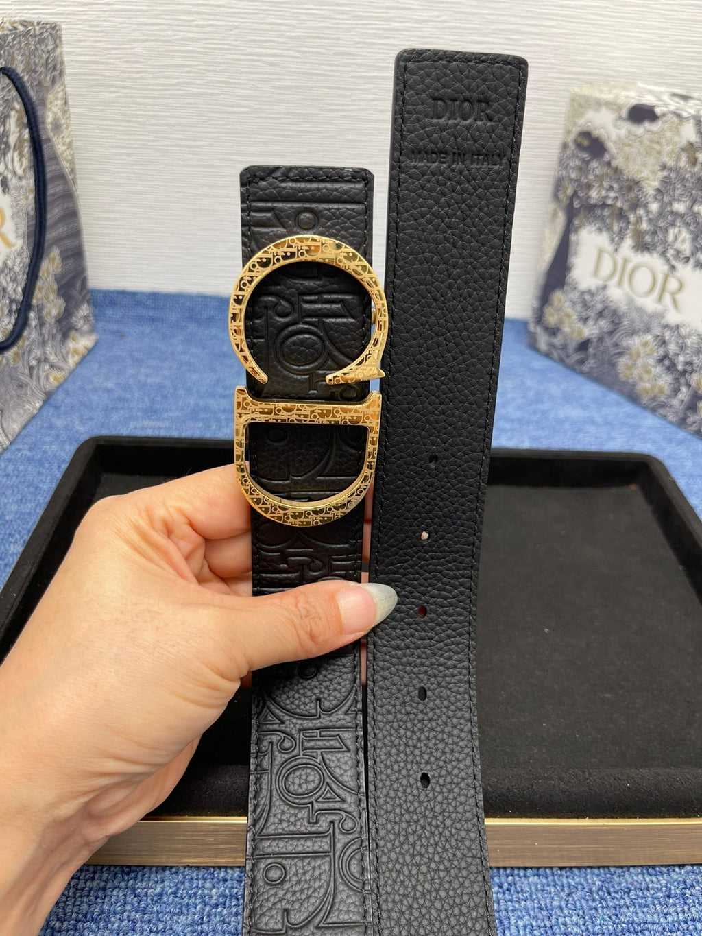 CD Belt 35mm Kumo Cannage Pattern Black Leather Gold Buckle