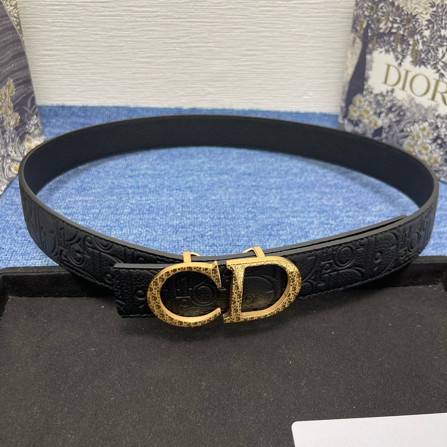 CD Belt 35mm Kumo Cannage Pattern Black Leather Gold Buckle