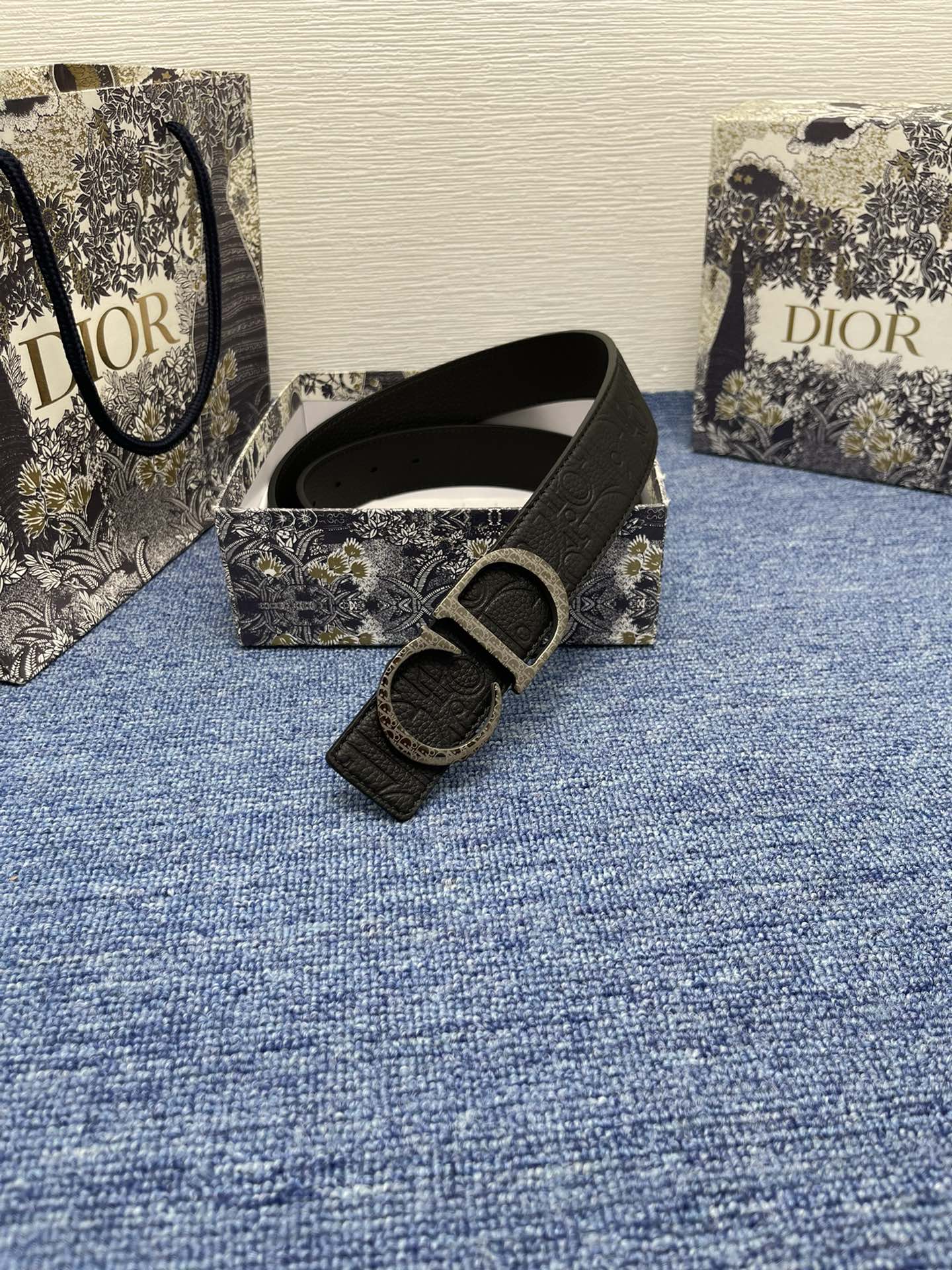 CD Belt 35mm Kumo Cannage Pattern Black Leather Bronze Buckle
