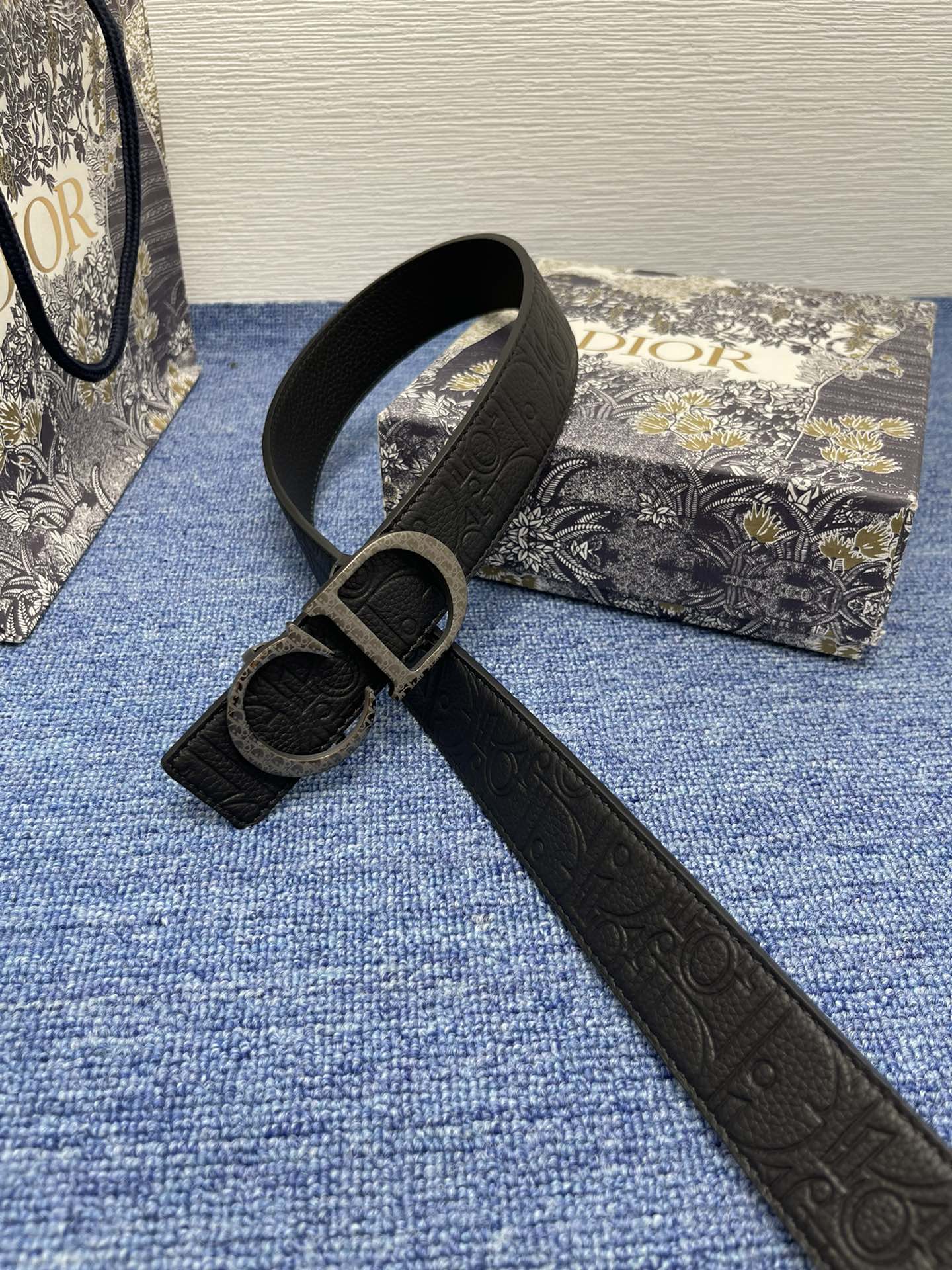 CD Belt 35mm Kumo Cannage Pattern Black Leather Bronze Buckle