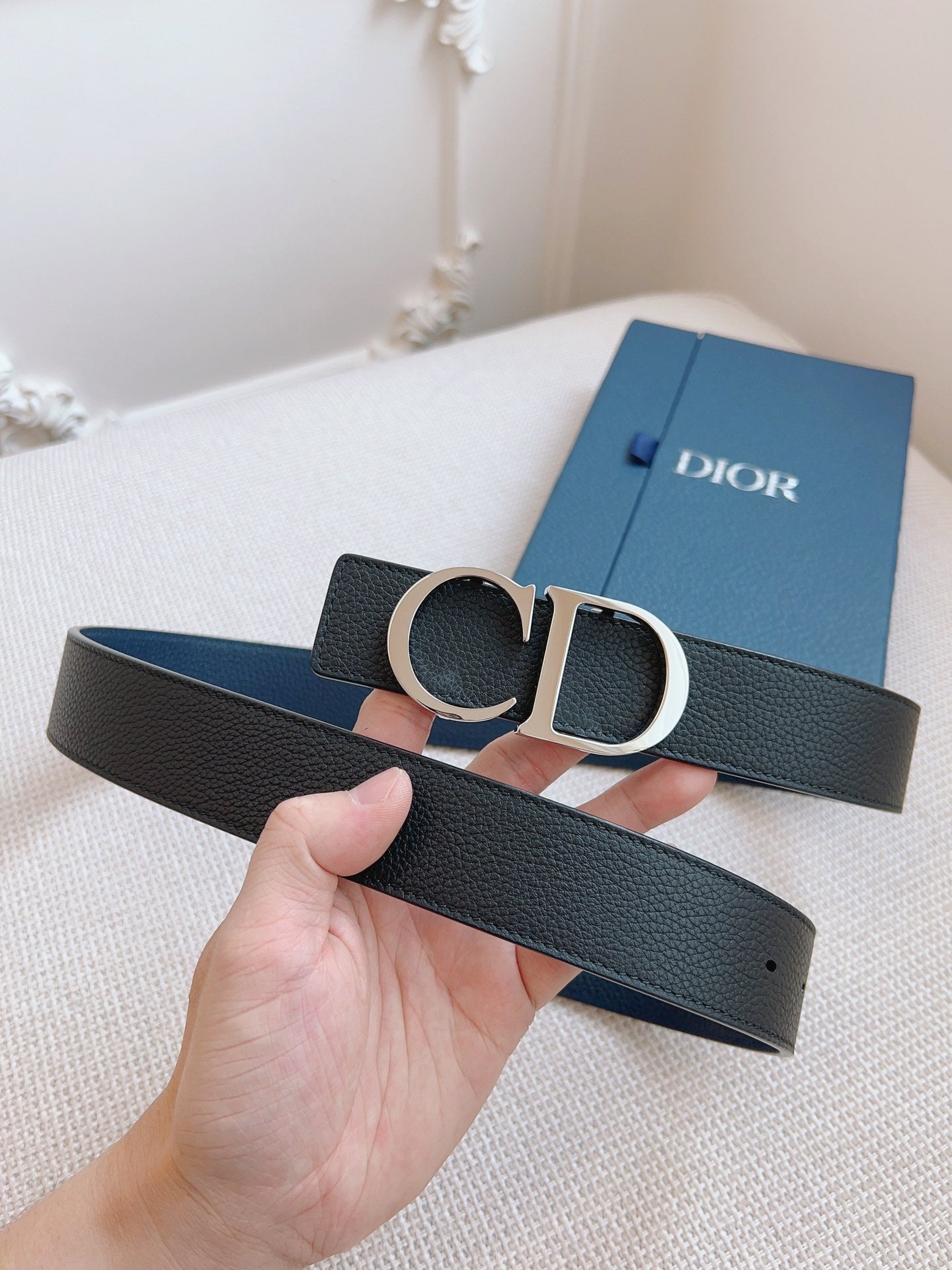 CD Belt 35mm Black Blue Leather Silver Logo Buckle