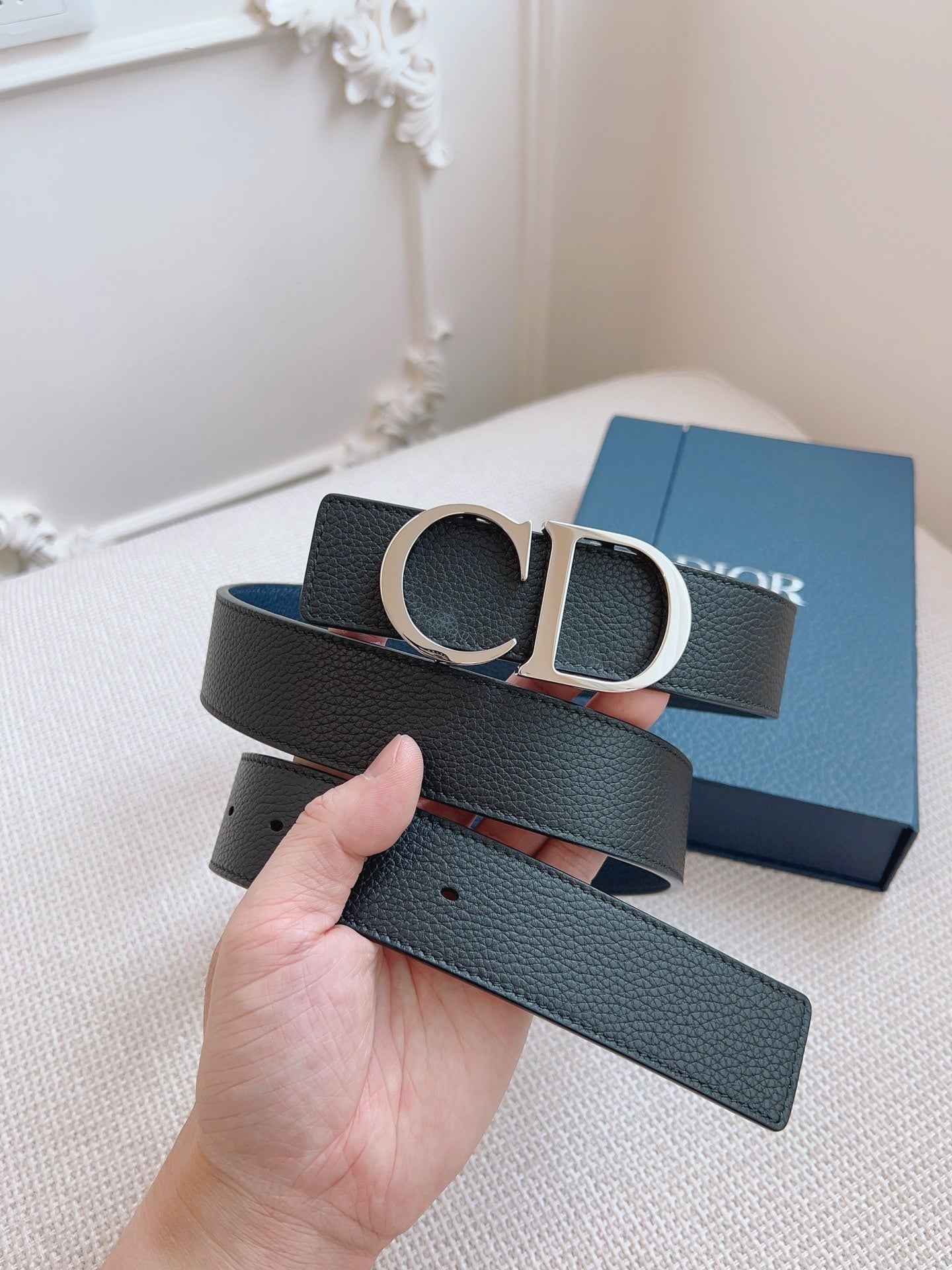 CD Belt 35mm Black Blue Leather Silver Logo Buckle