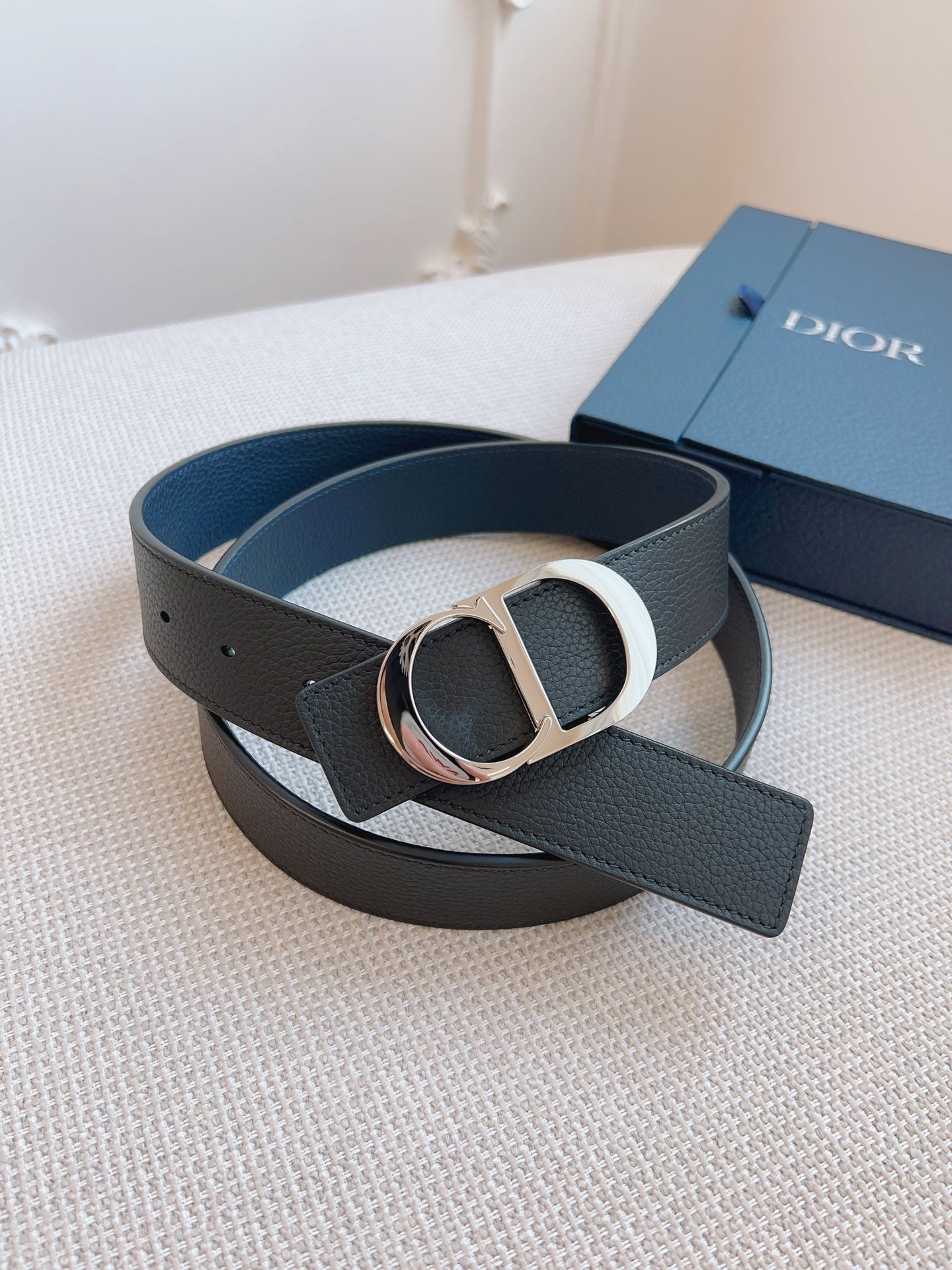 CD Belt 35mm Black Blue Leather Silver Buckle