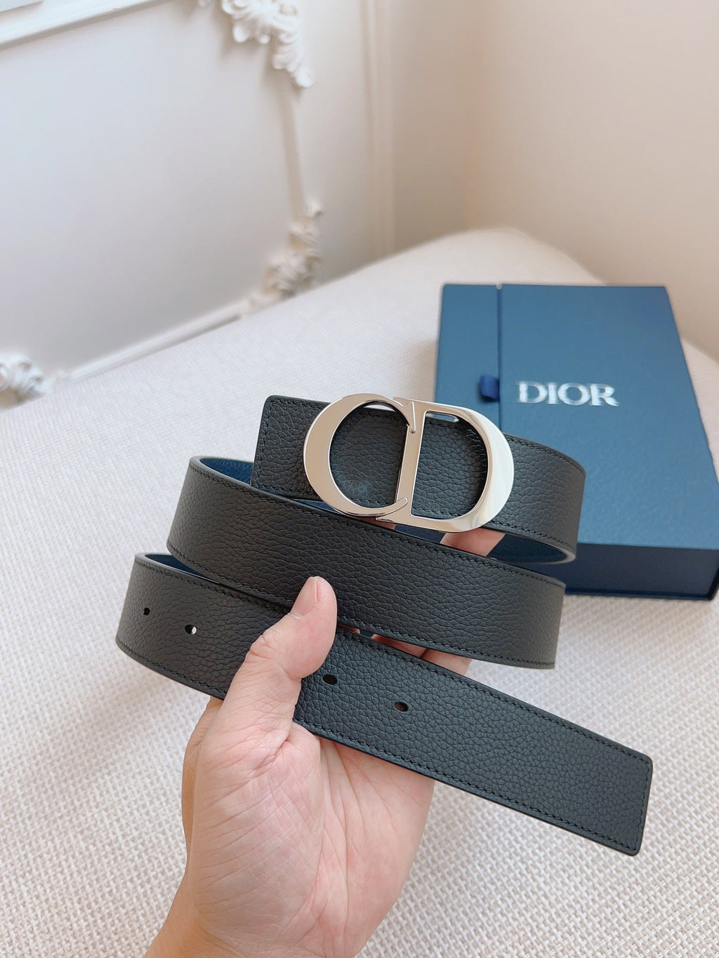 CD Belt 35mm Black Blue Leather Silver Buckle
