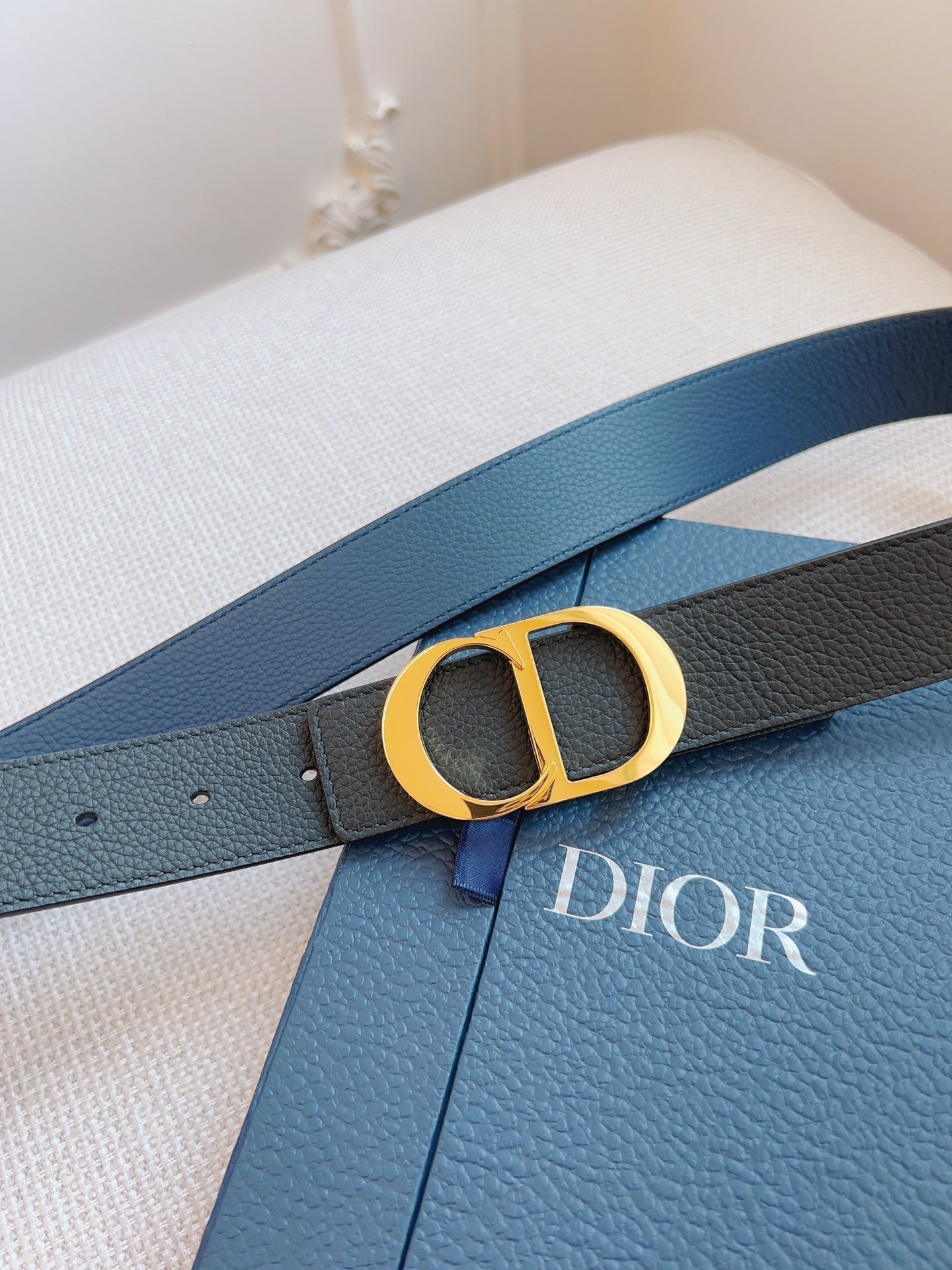 CD Belt 35mm Black Blue Leather Gold Buckle