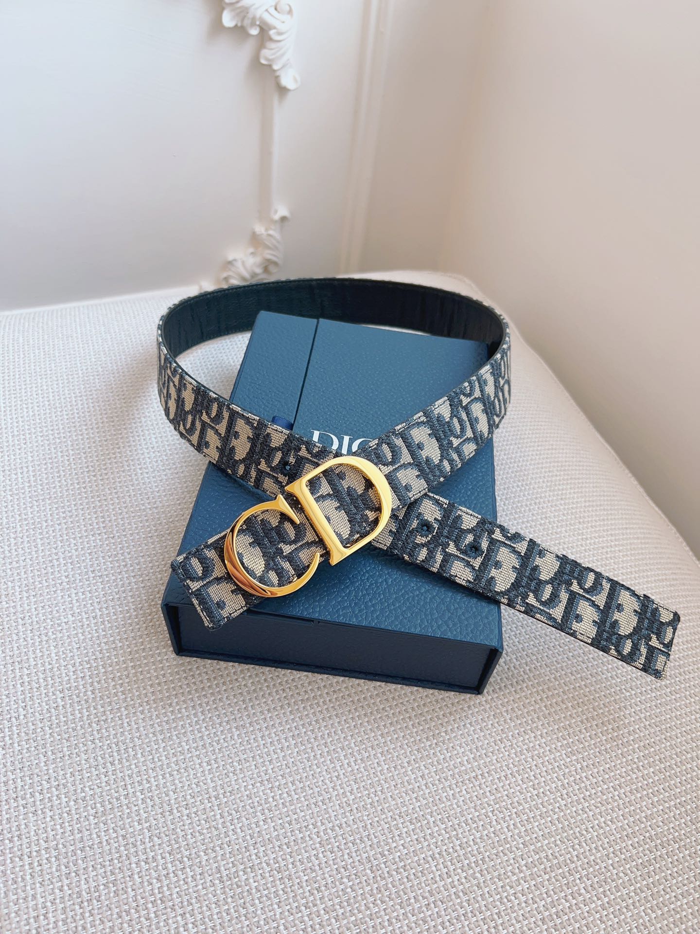 CD Belt 35mm Black Beige Canvas Black Calfskin Gold Buckle