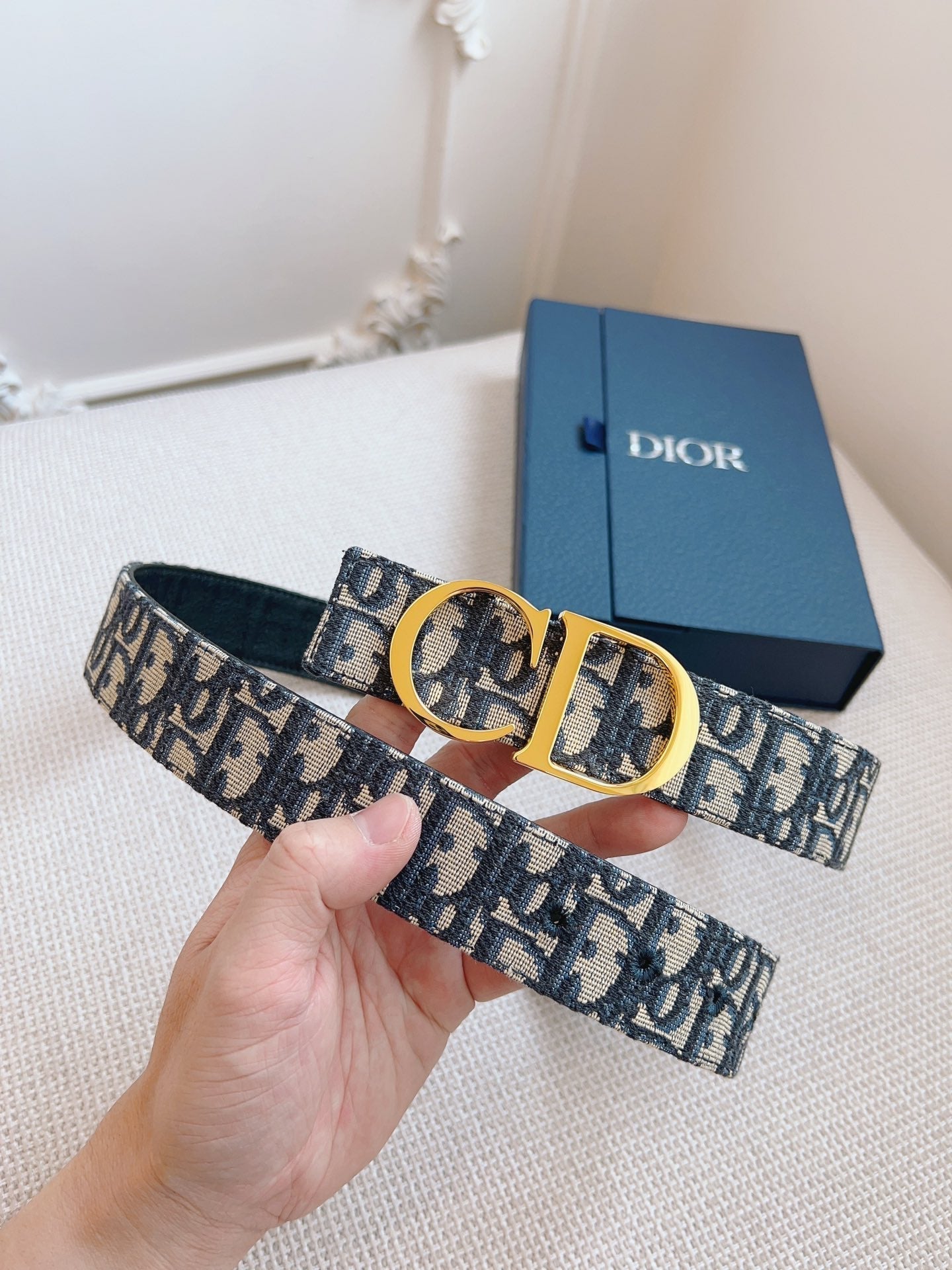 CD Belt 35mm Black Beige Canvas Black Calfskin Gold Buckle