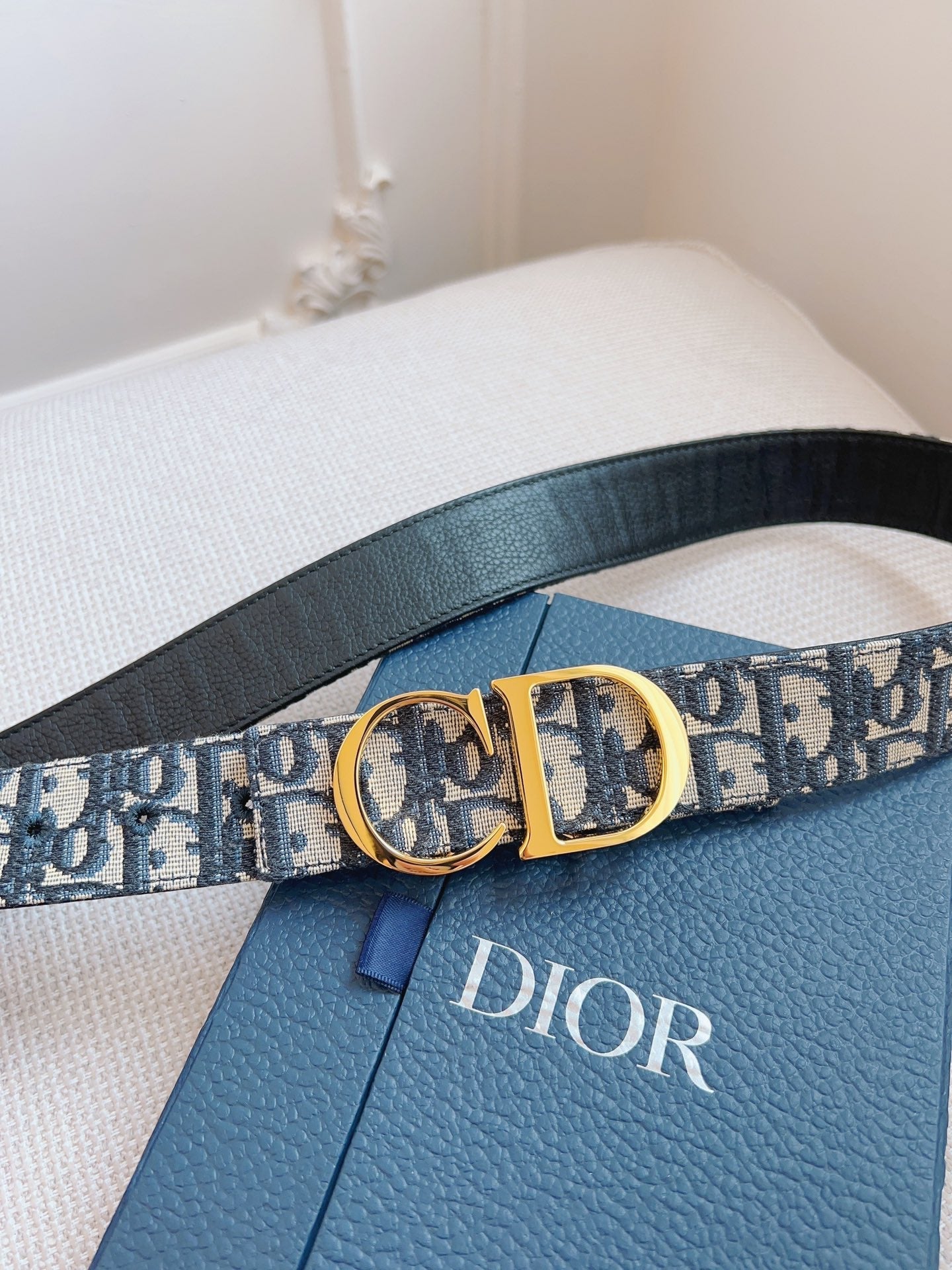 CD Belt 35mm Black Beige Canvas Black Calfskin Gold Buckle