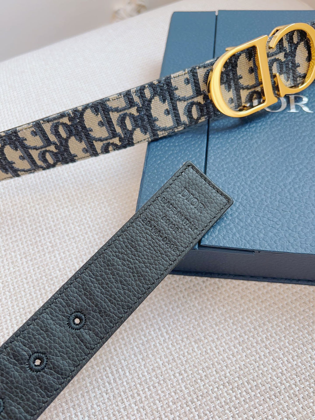 CD Belt 35mm Black Beige Canvas Black Calfskin Gold Buckle