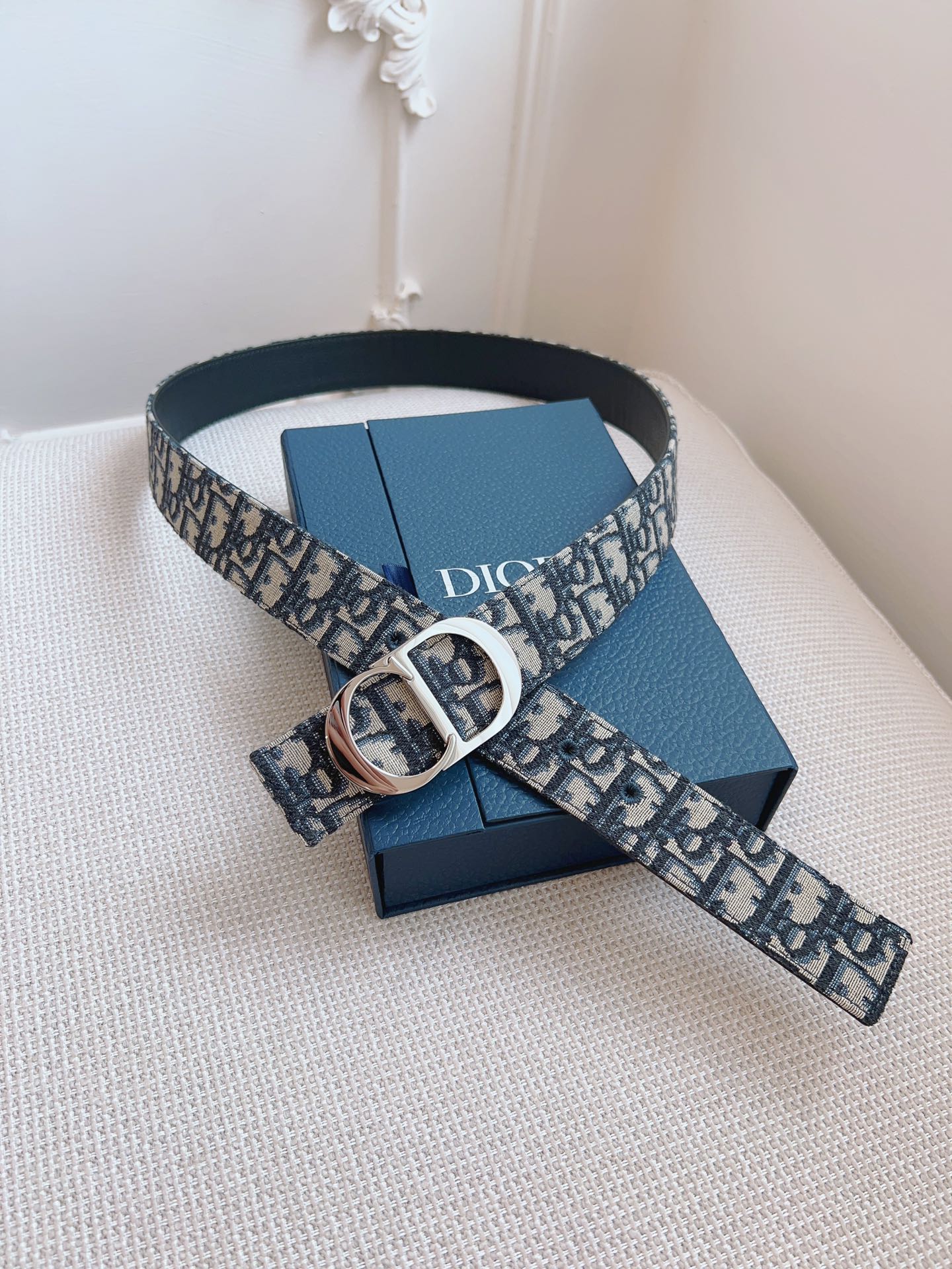 CD Belt 35mm Black Beige Canvas Black Calfskin Silver Buckle