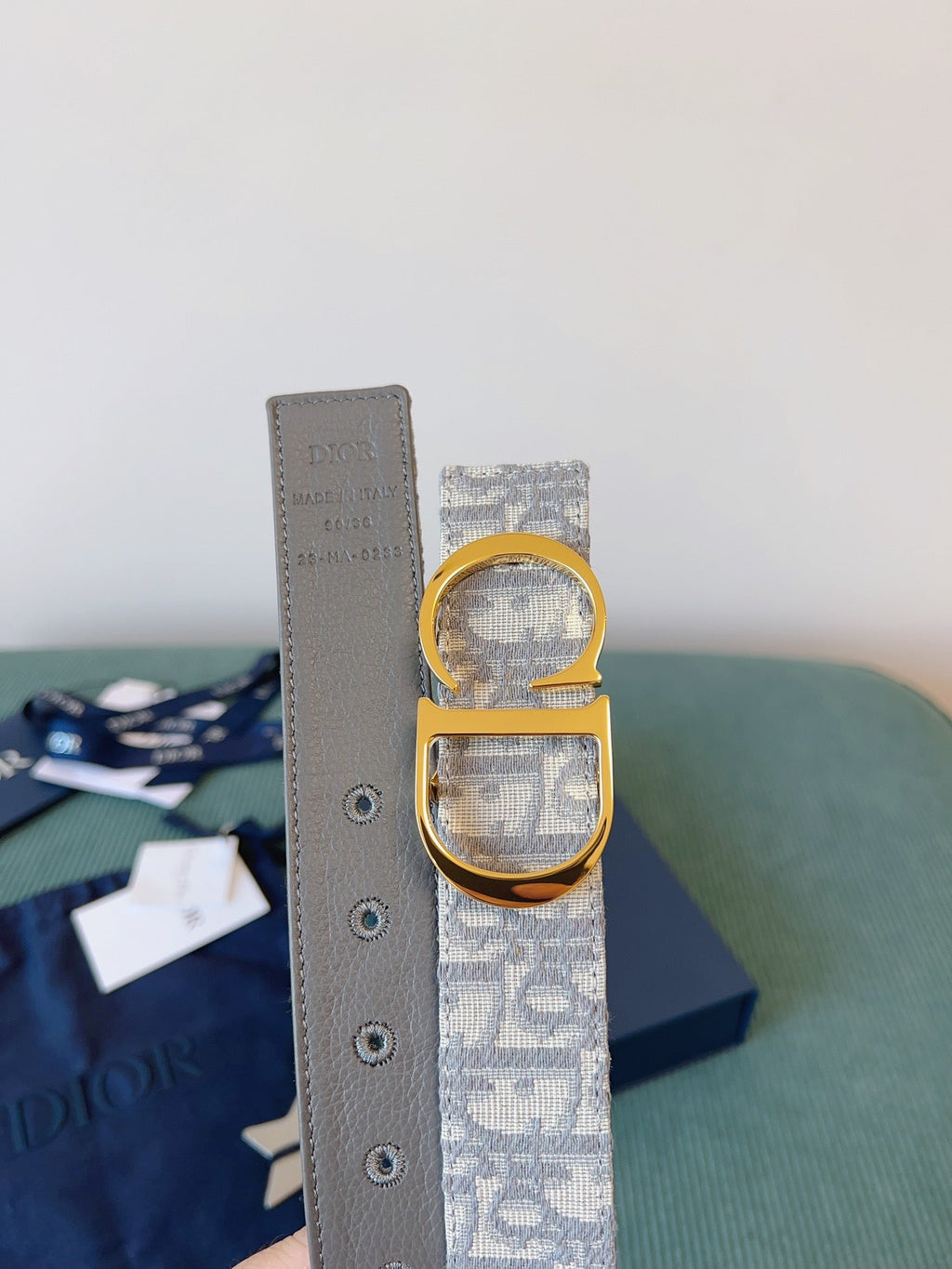 CD Belt 35mm Milkshake White Canvas Gray Calfskin Gold Buckle