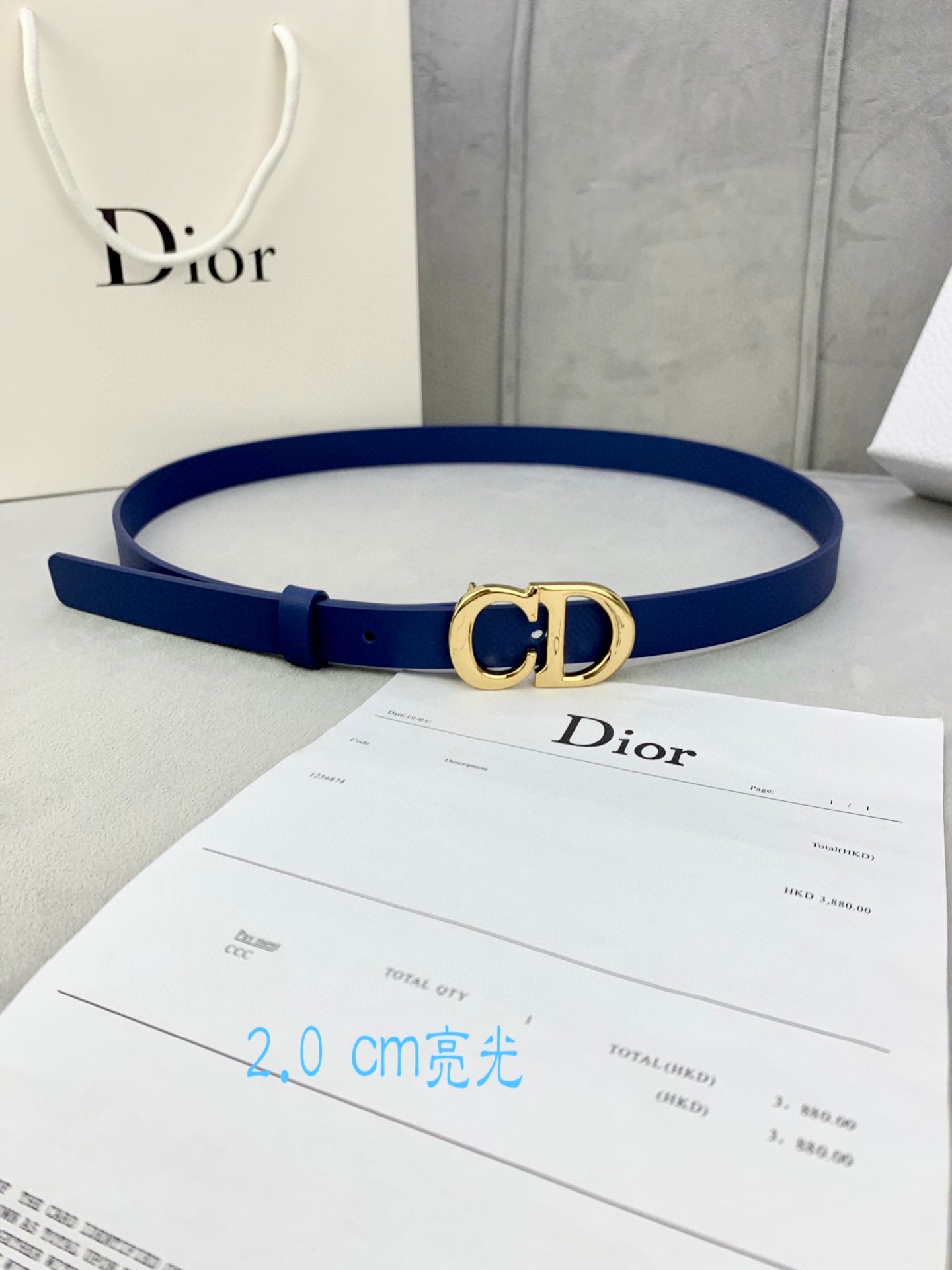 CD Saddle Belt 20mm Blue Calfskin Metal Buckle