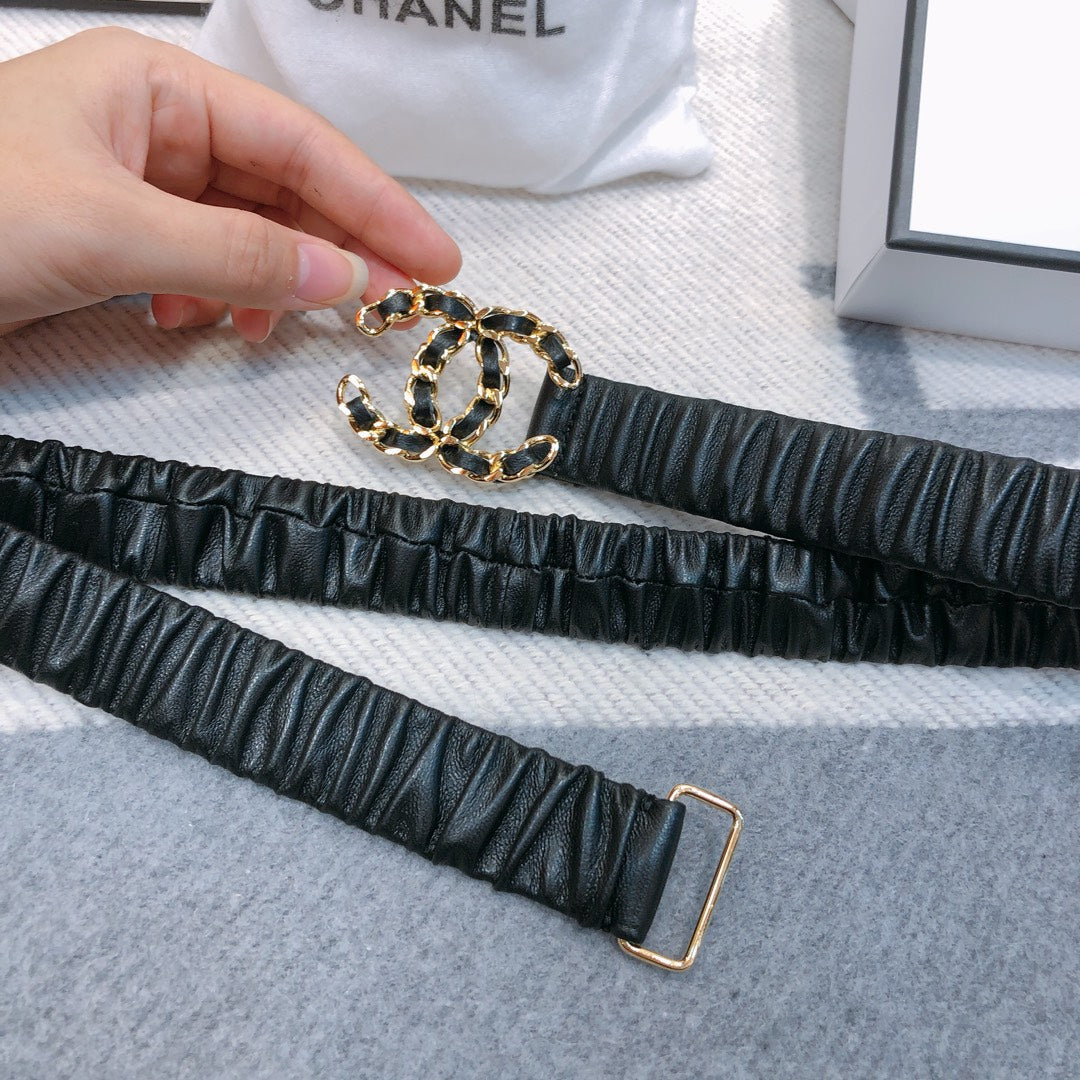 CC Rhinestone Logo Buckle 30mm Elastic Black Lamskin Belt 614238
