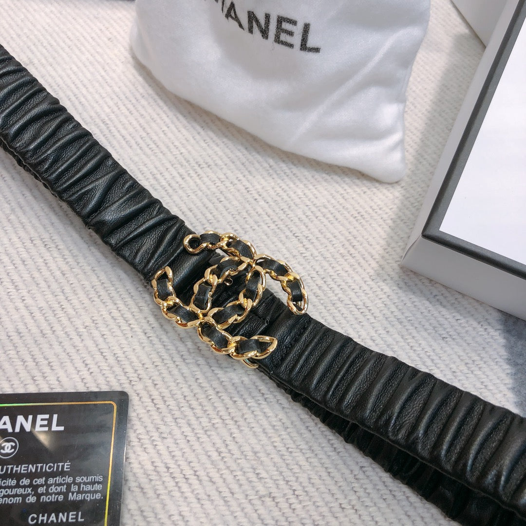 CC Rhinestone Logo Buckle 30mm Elastic Black Lamskin Belt 614238