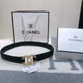 CC Rhinestone Logo Buckle 30mm Elastic Black Gold Lambskin Belt 614237