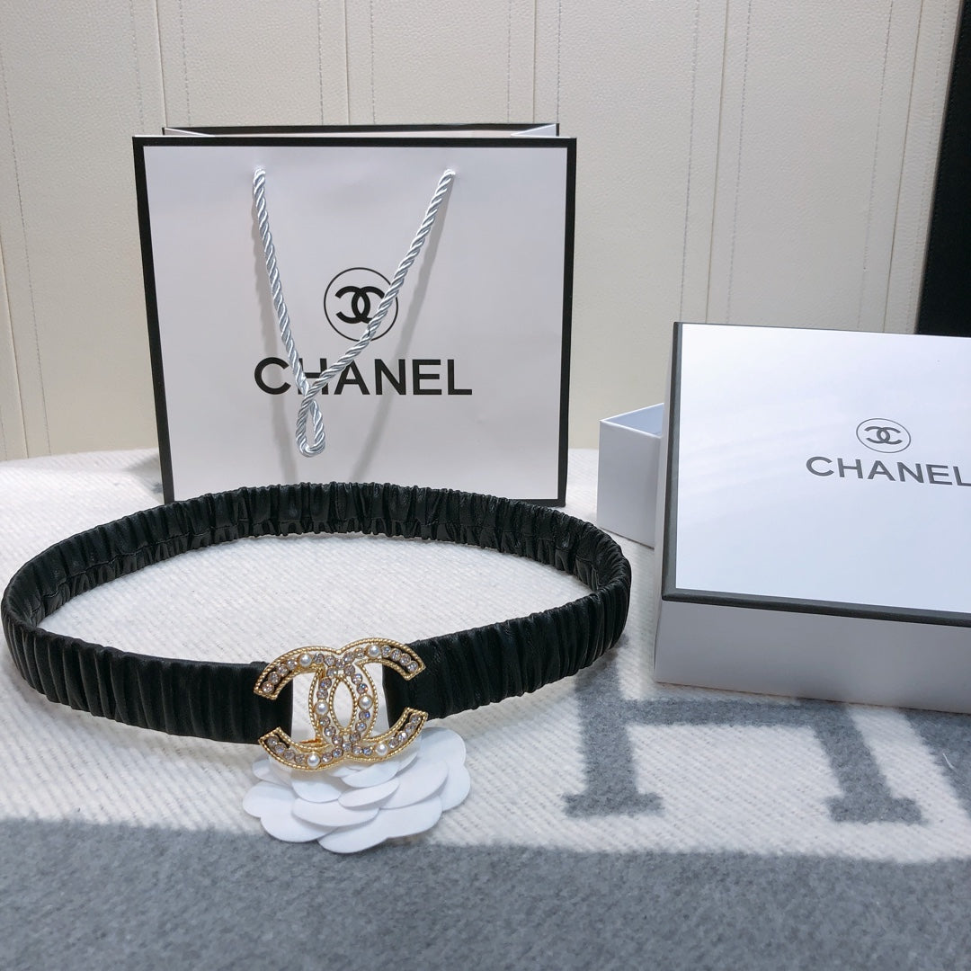 CC Rhinestone Logo Buckle 30mm Elastic Black Gold Lambskin Belt 614237