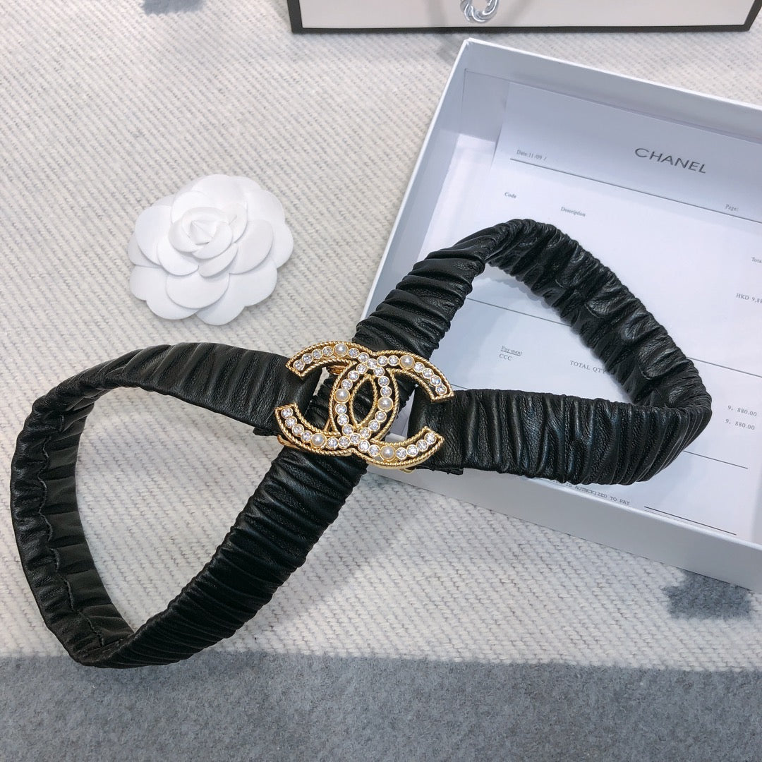 CC Rhinestone Logo Buckle 30mm Elastic Black Gold Lambskin Belt 614237