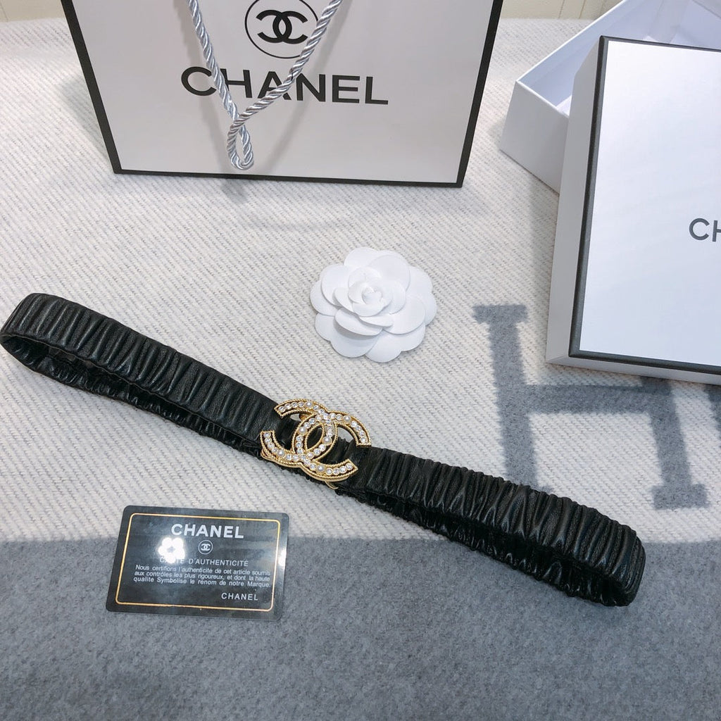 CC Rhinestone Logo Buckle 30mm Elastic Black Gold Lambskin Belt 614237
