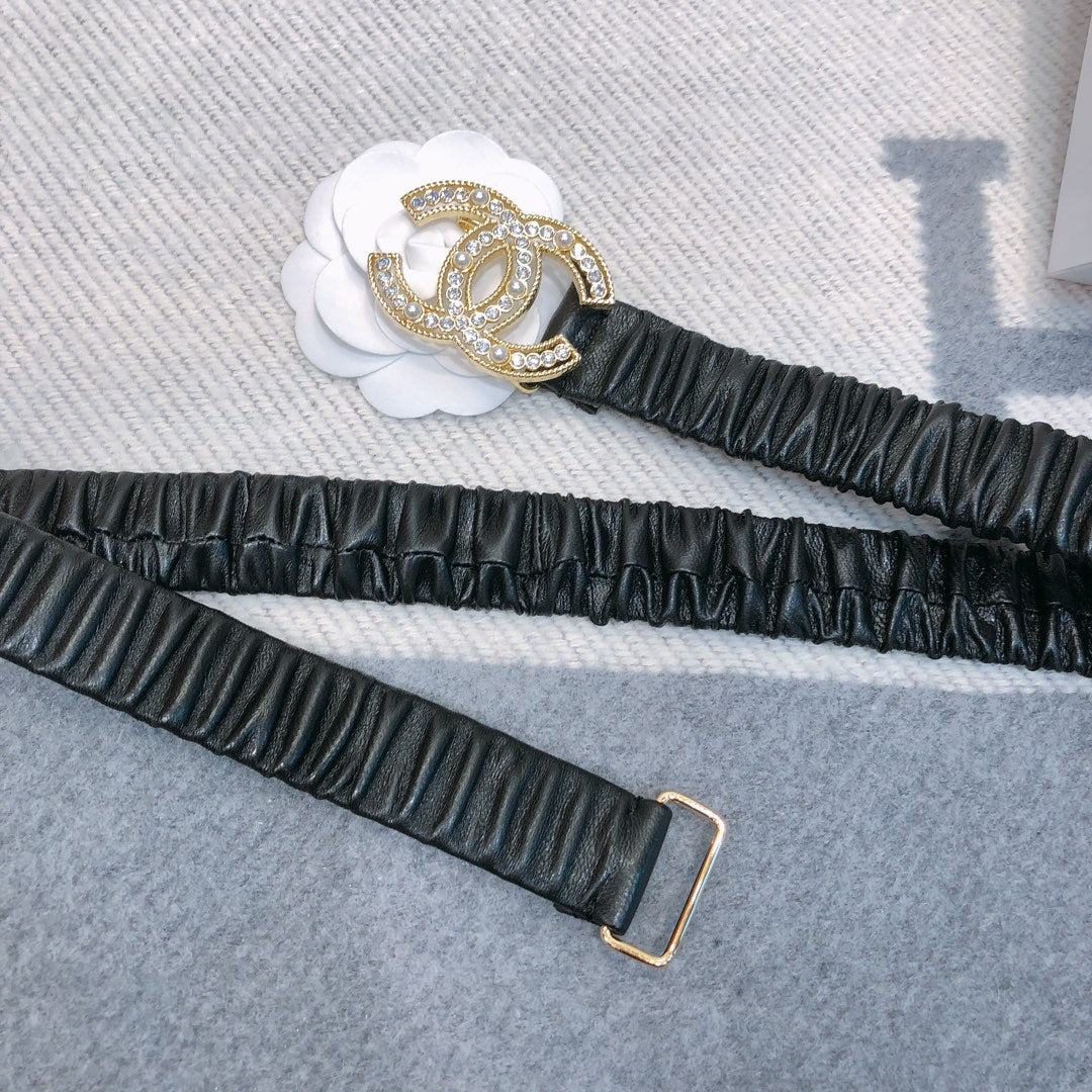 CC Rhinestone Logo Buckle 30mm Elastic Black Gold Lambskin Belt 614237