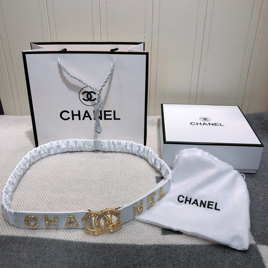 CC Elastic Belt 30mm Gold Rhinestone Logo White Cowhide 614214