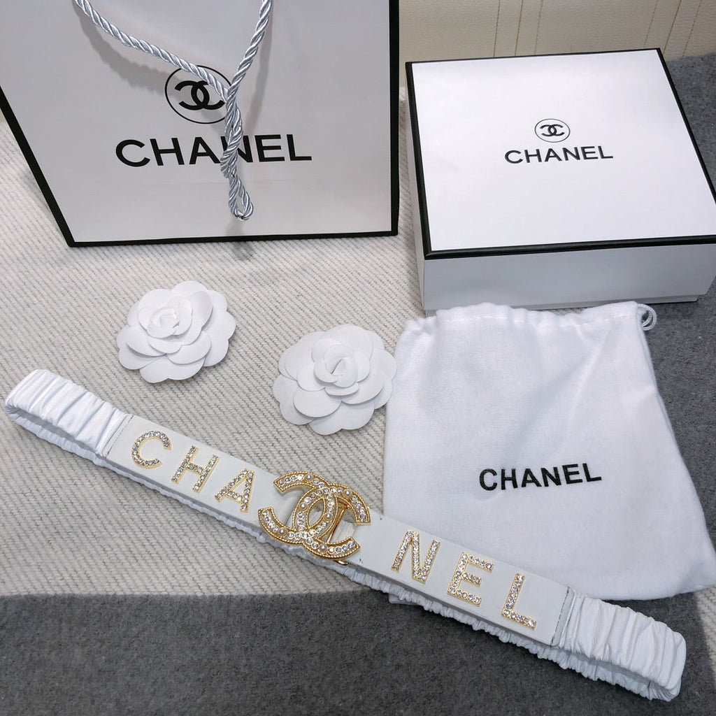 CC Elastic Belt 30mm Gold Rhinestone Logo White Cowhide 614214