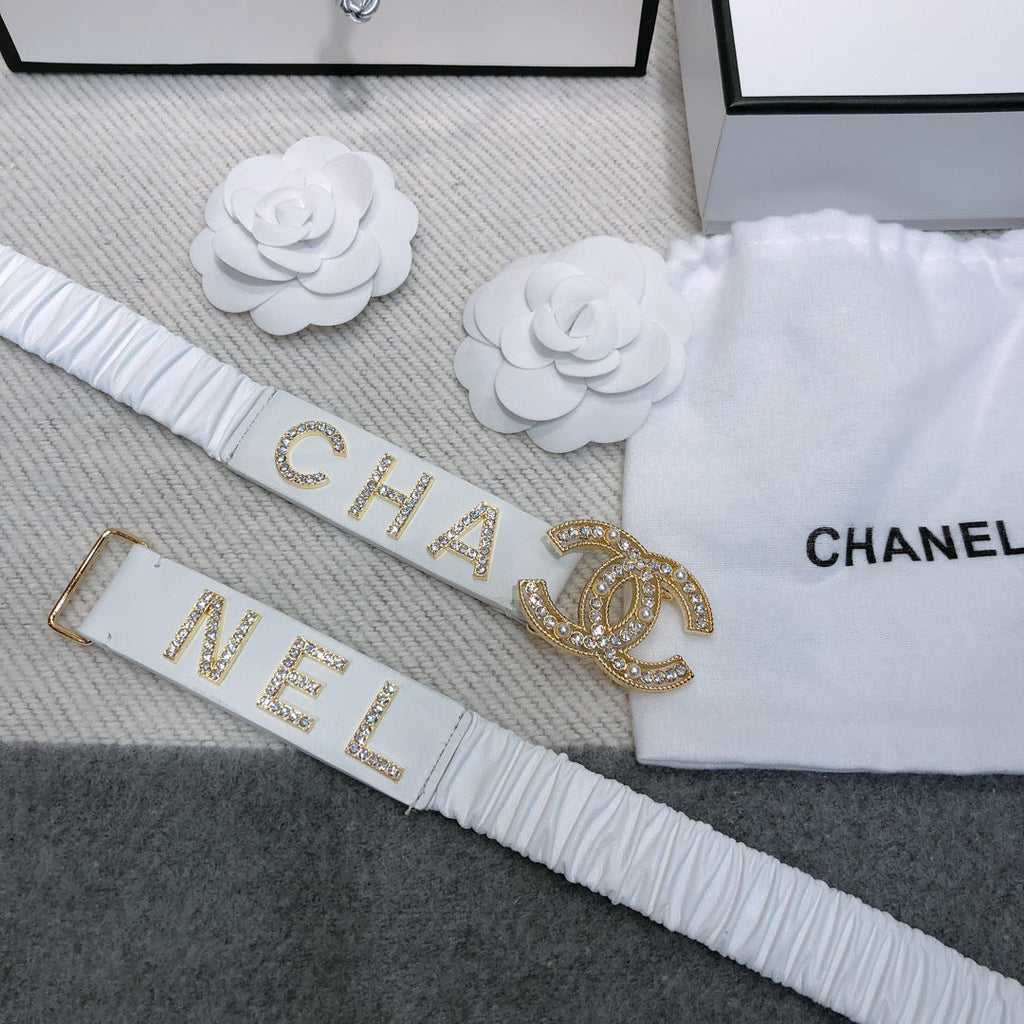 CC Elastic Belt 30mm Gold Rhinestone Logo White Cowhide 614214