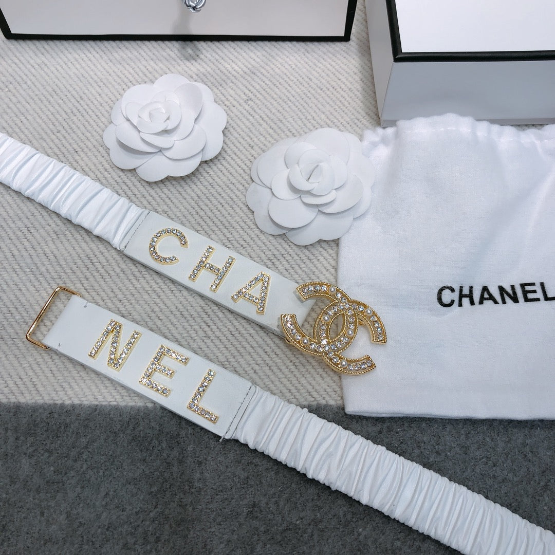 CC Elastic Belt 30mm Gold Rhinestone Logo White Cowhide 614214