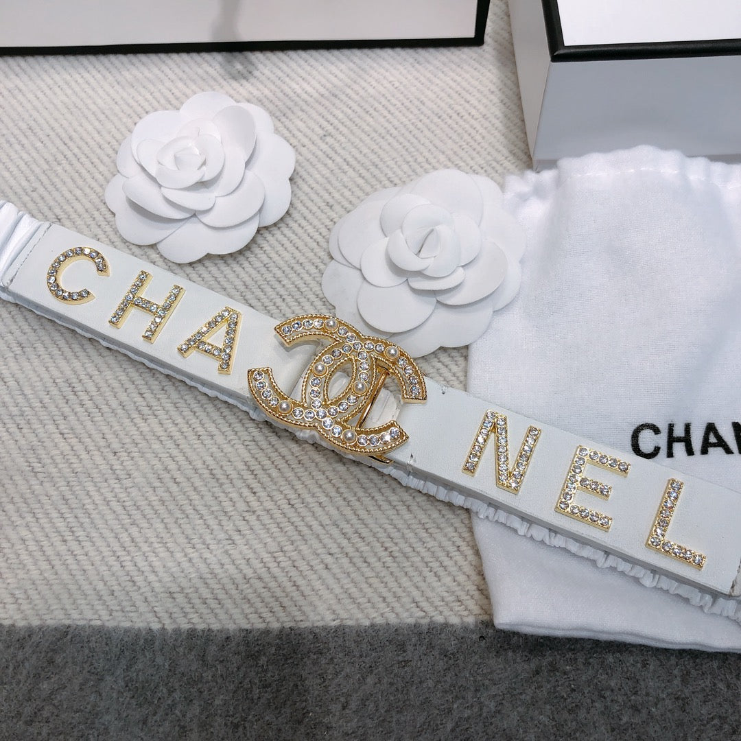 CC Elastic Belt 30mm Gold Rhinestone Logo White Cowhide 614214