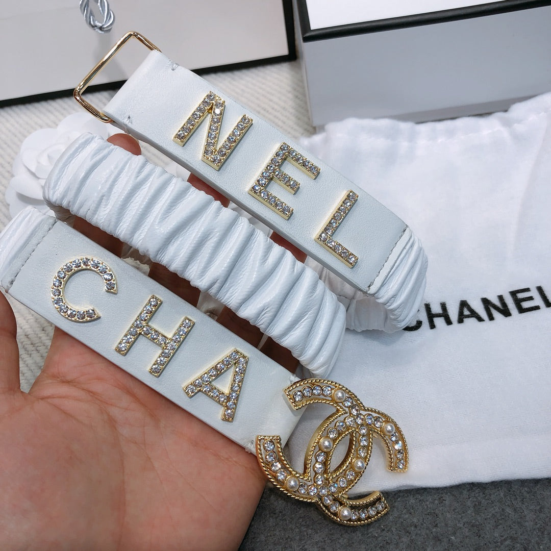 CC Elastic Belt 30mm Gold Rhinestone Logo White Cowhide 614214