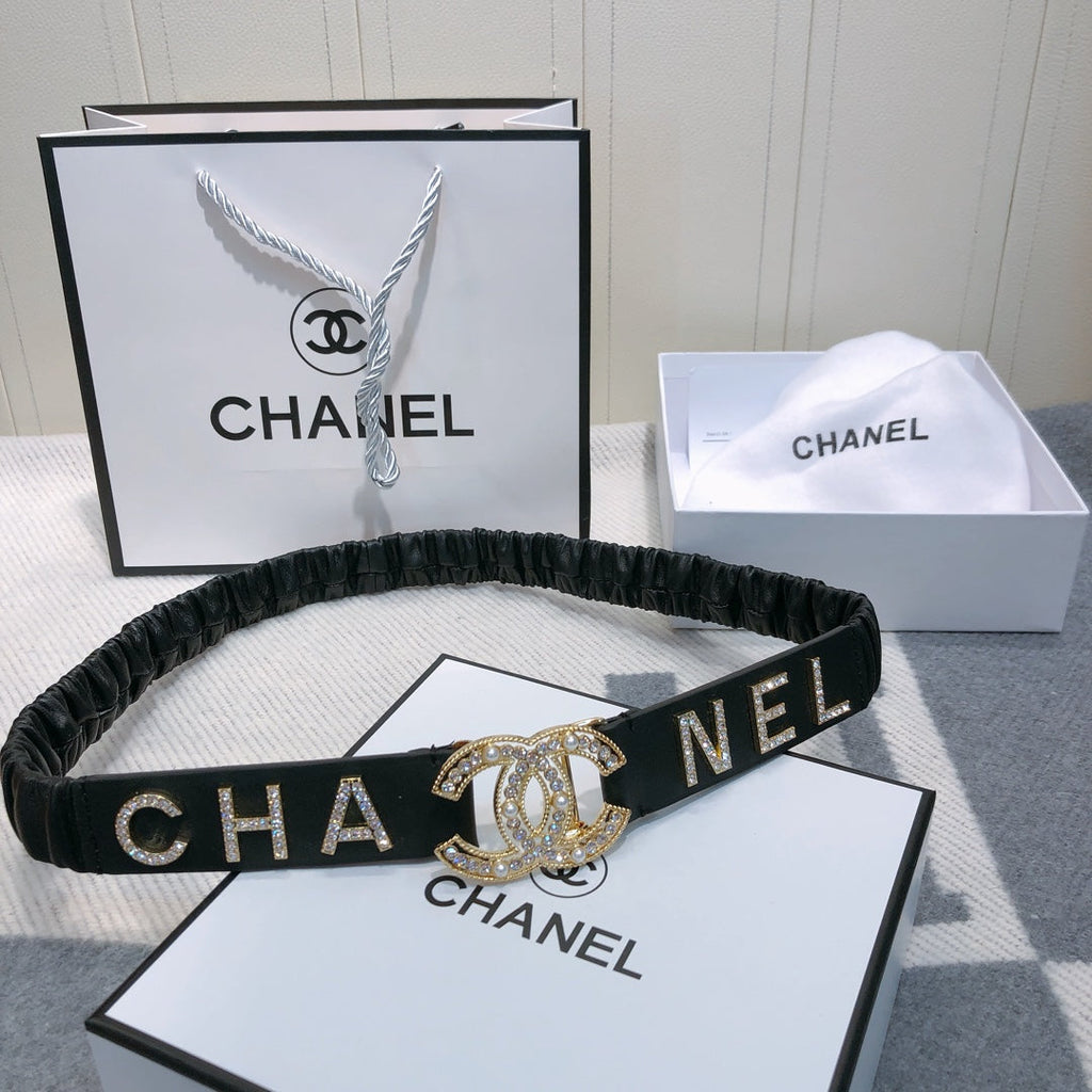 CC Elastic Belt 30mm Gold Rhinestone Logo Black Cowhide 614213