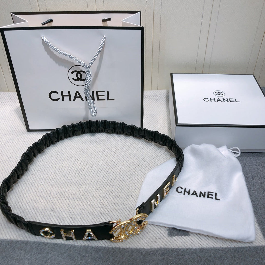 CC Elastic Belt 30mm Gold Rhinestone Logo Black Cowhide 614213