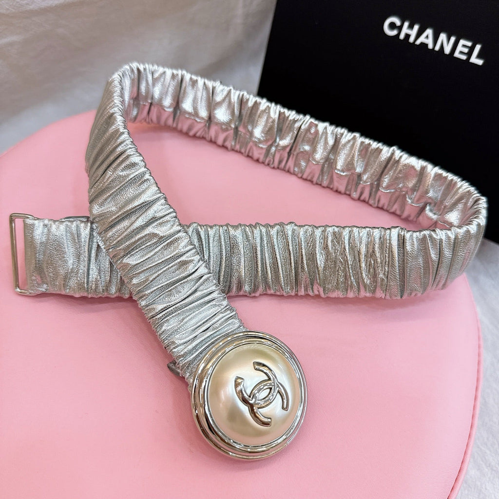 CC Stamp Buckle Women Belt 30mm Elastic Silver Cowhide 196842