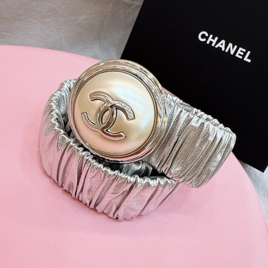 CC Stamp Buckle Women Belt 30mm Elastic Silver Cowhide 196842