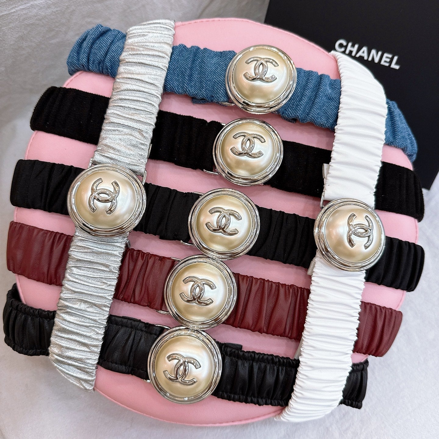 CC Stamp Buckle Women Belt 30mm Elastic Silver Cowhide 196842