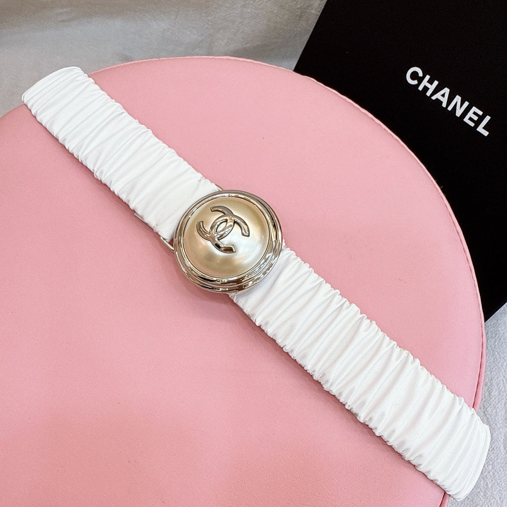 CC Stamp Buckle Women Belt 30mm Elastic White Cowhide 196841