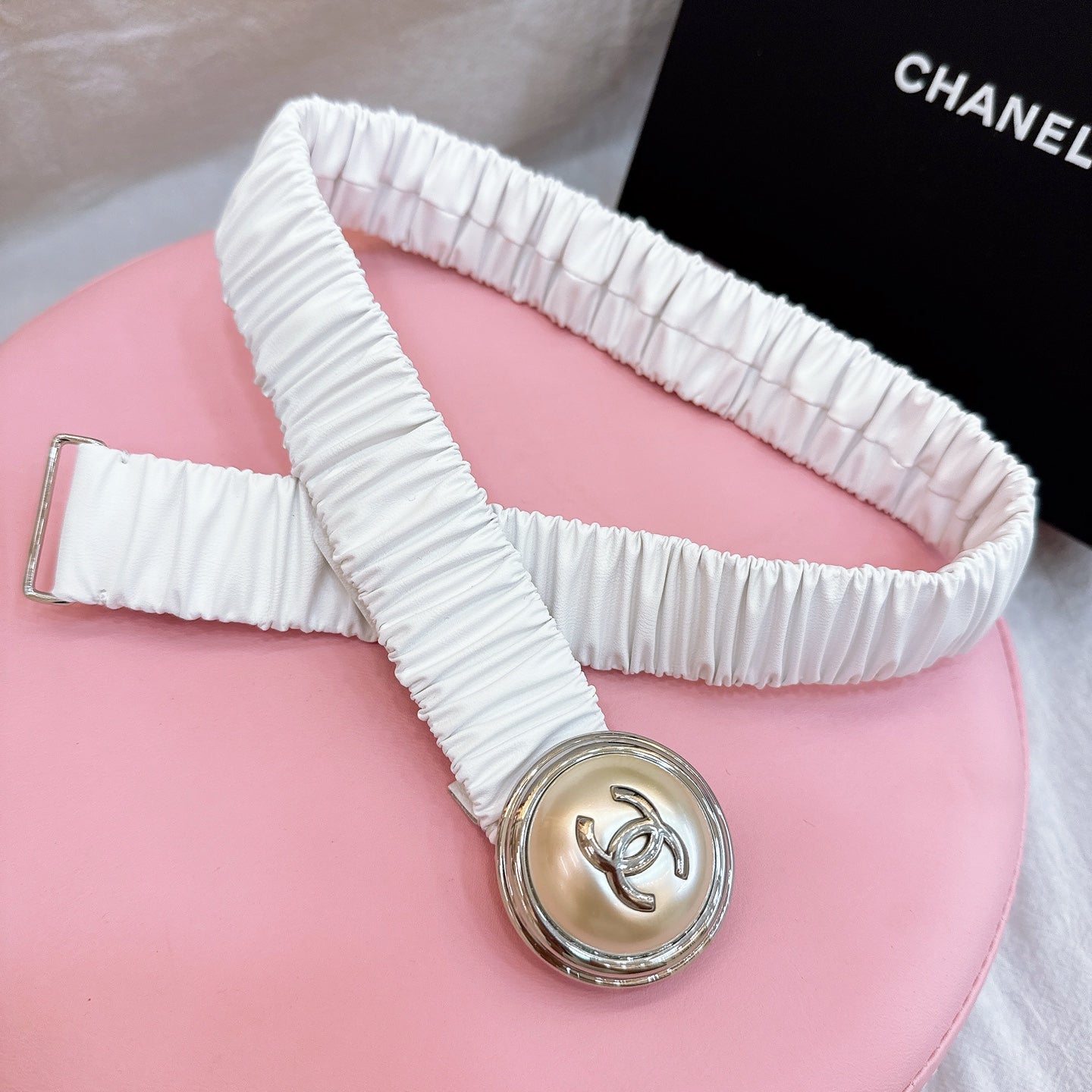 CC Stamp Buckle Women Belt 30mm Elastic White Cowhide 196841