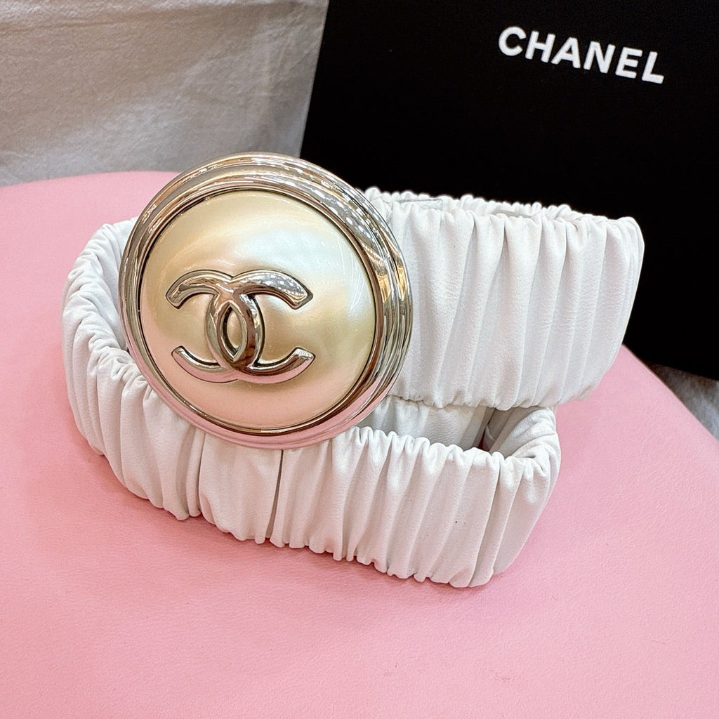 CC Stamp Buckle Women Belt 30mm Elastic White Cowhide 196841