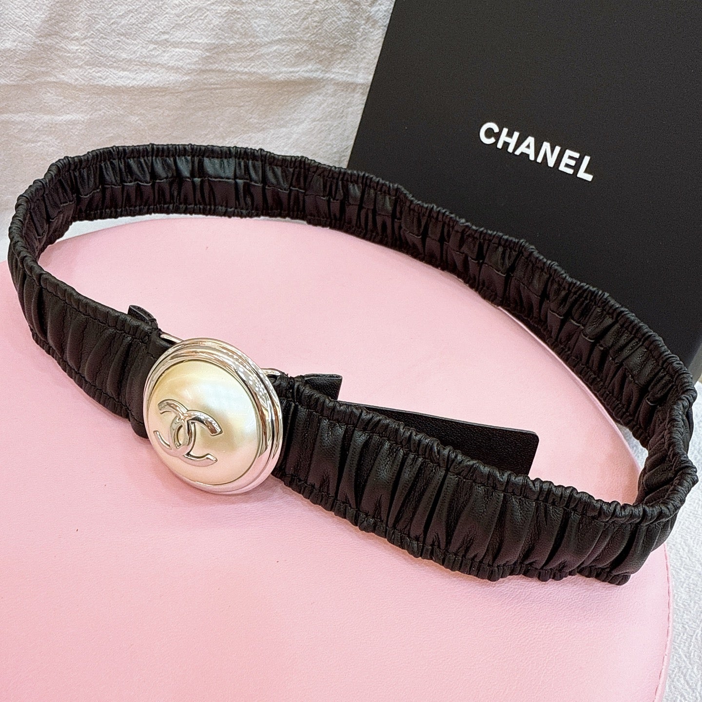 CC Stamp Buckle Women Belt 30mm Elastic Black Cowhide 196840