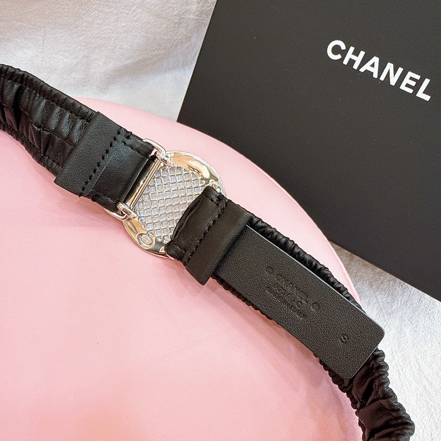 CC Stamp Buckle Women Belt 30mm Elastic Black Cowhide 196840