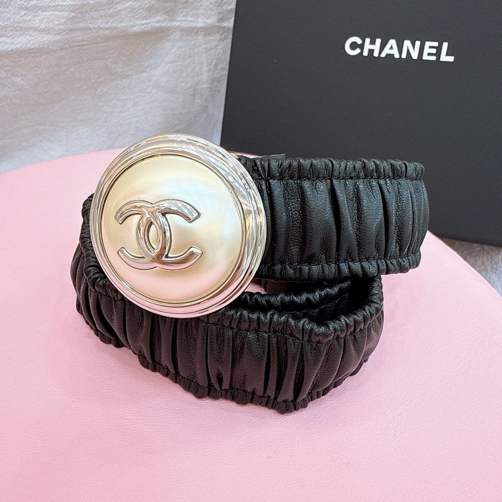 CC Stamp Buckle Women Belt 30mm Elastic Black Cowhide 196840